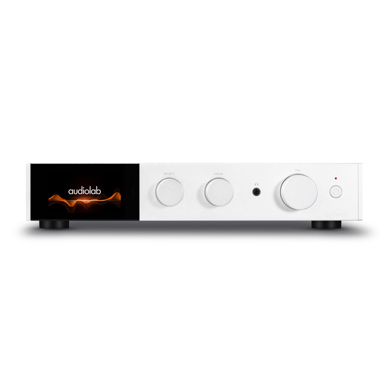 A white Audiolab 9000A Stereo Amplifier with control knobs and a digital display on the front panel set against a white background.