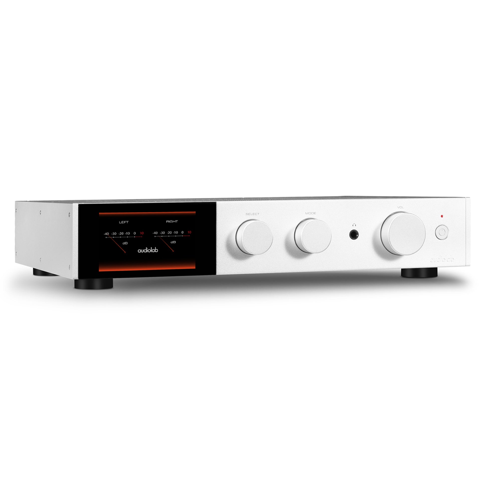 Front angle view of silver Audiolab 9000A Stereo Amplifier on white background