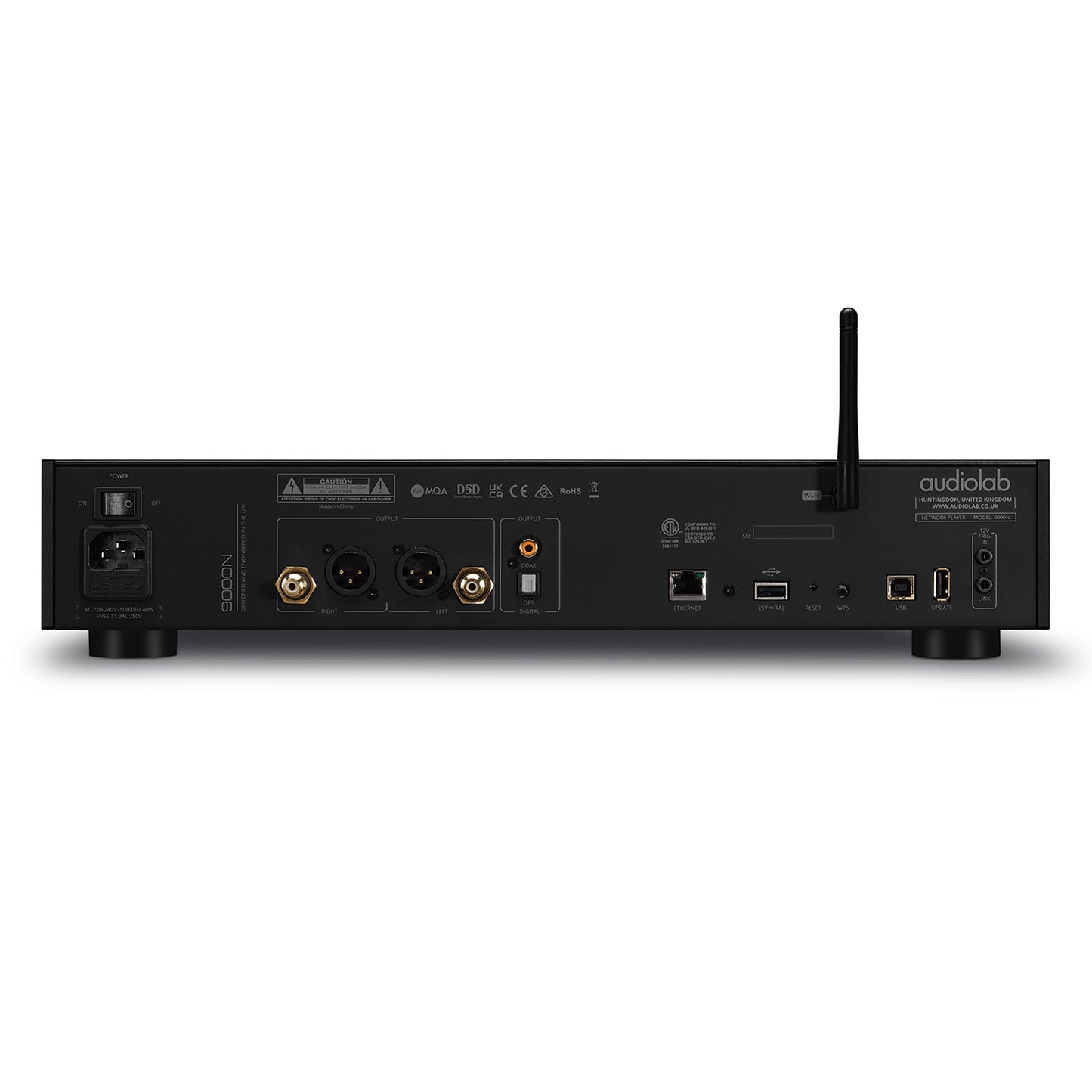 Back view of an Audiolab audio component on a white background