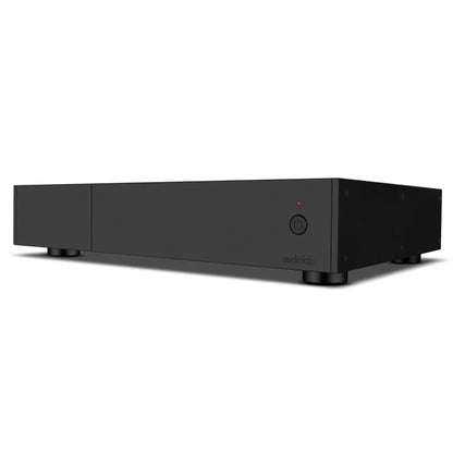 Front angle view of black Audiolab 9000P Power Amplifier