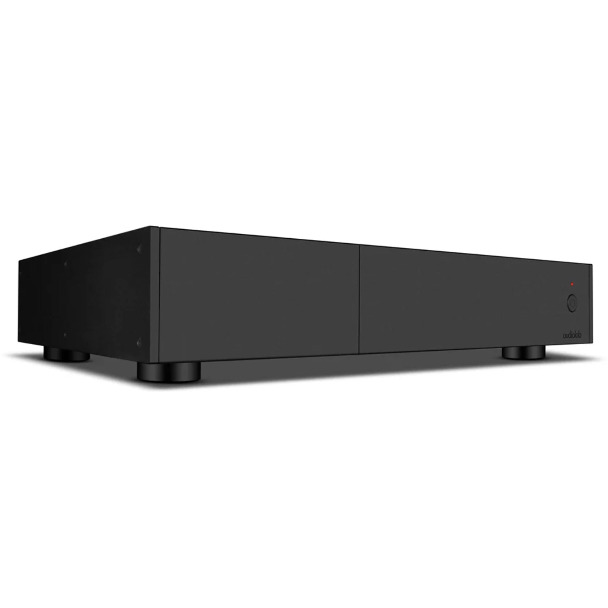 Front angle view of black Audiolab 9000P Power Amplifier