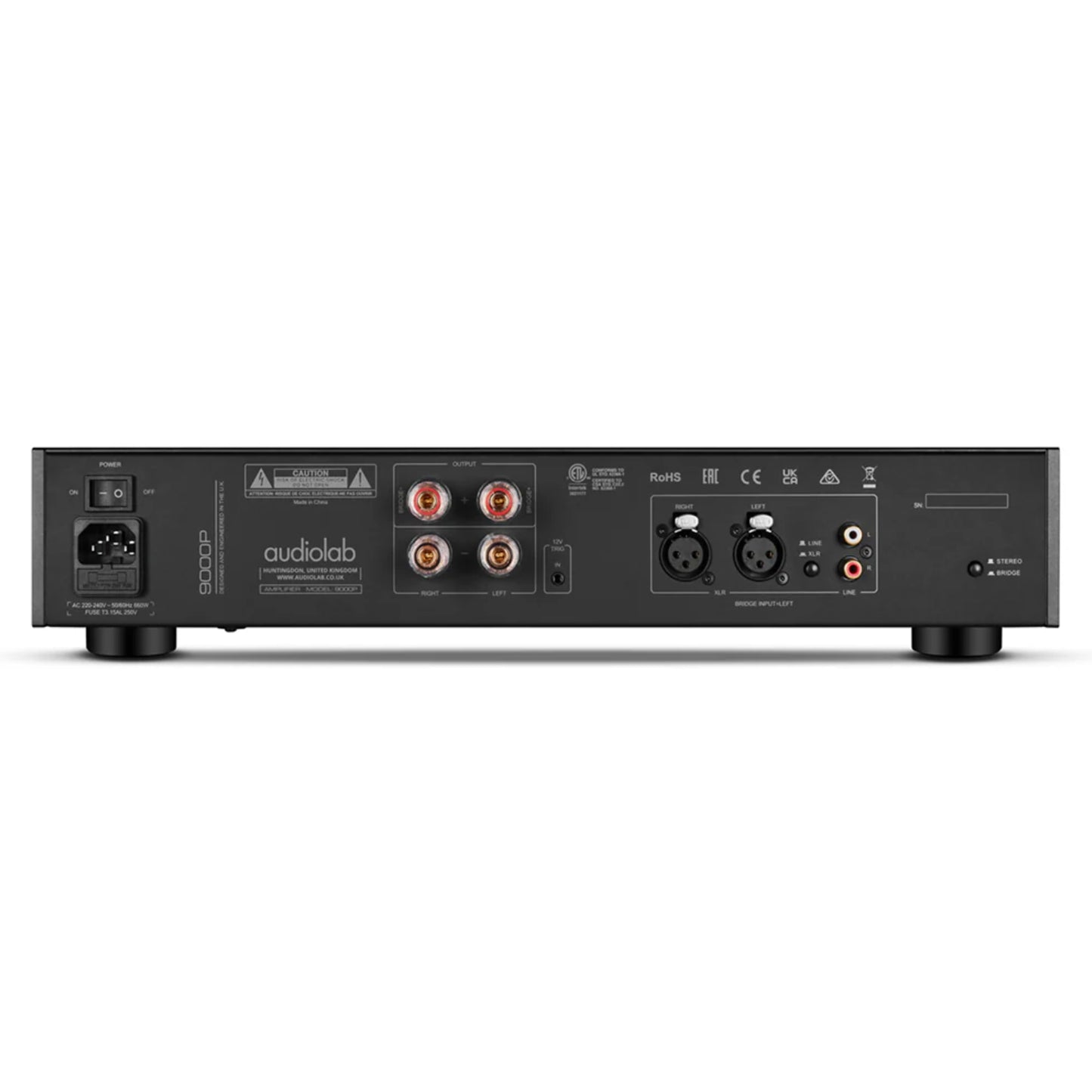 Back panel of an Audiolab 9000P Power Amplifier on a white background