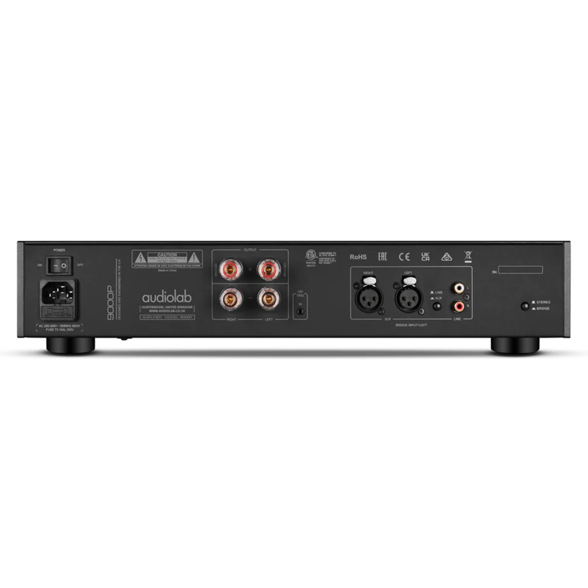 Back panel of an Audiolab 9000P Power Amplifier on a white background