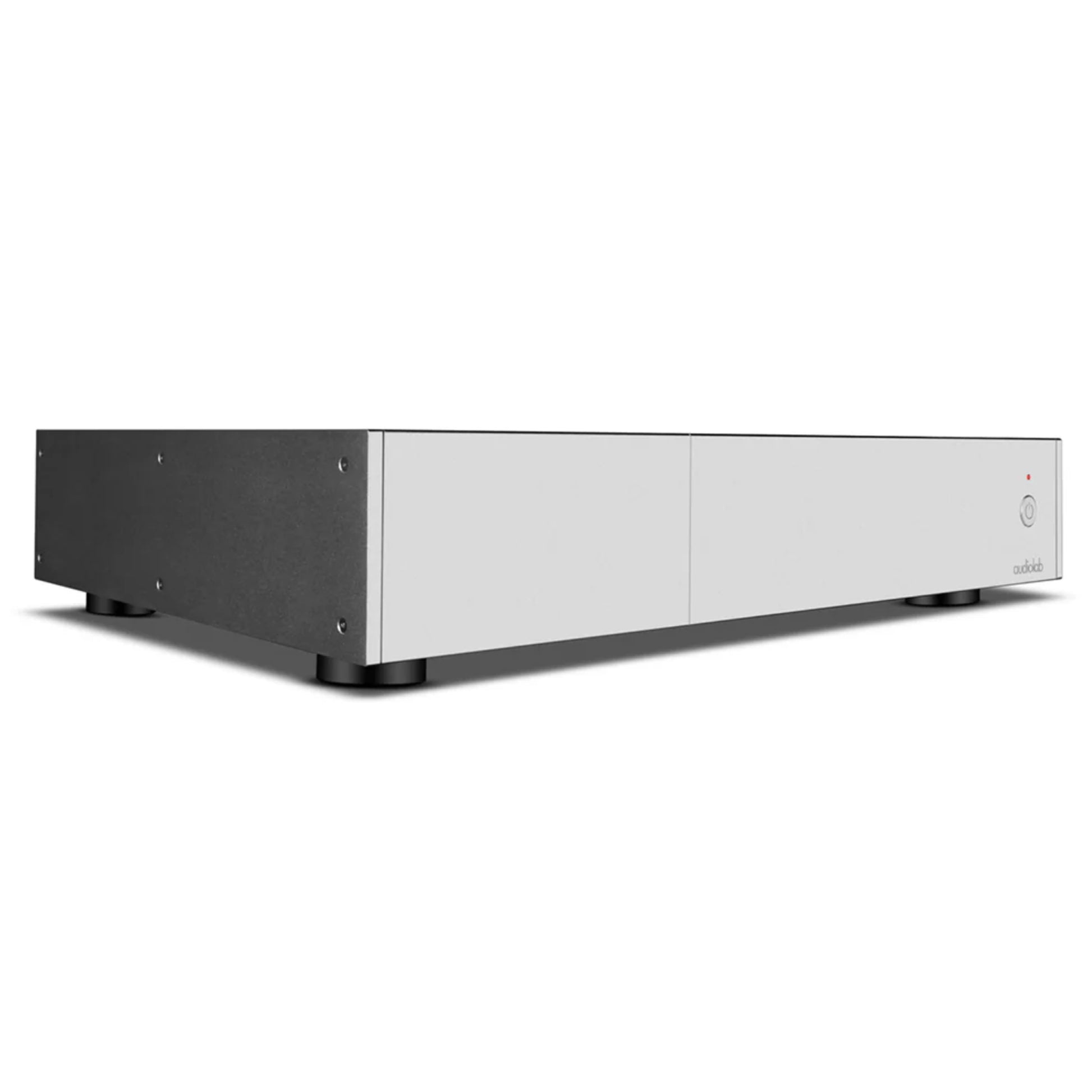 Front angle view of silver Audiolab 9000P Power Amplifier
