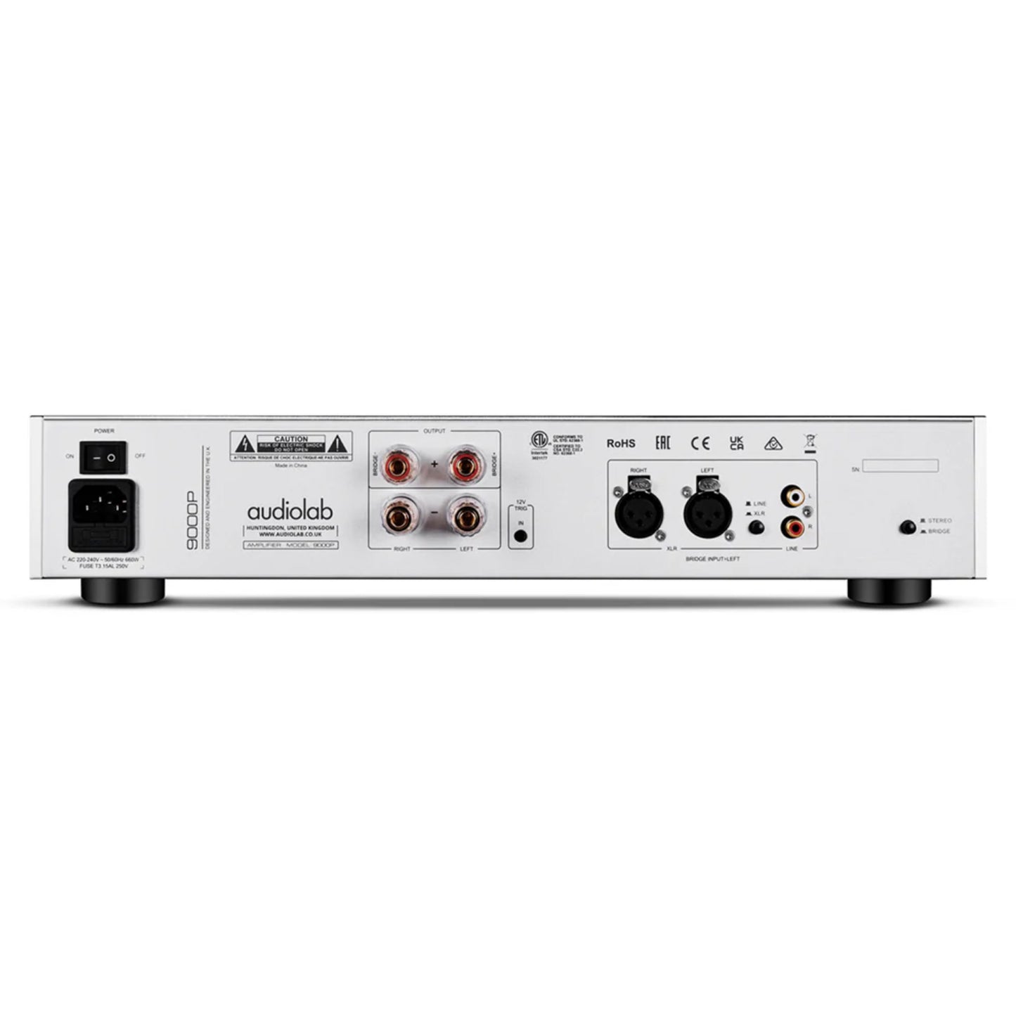 Back panel of a Audiolab 9000P Power Amplifier with various connectors and Audiolab branding on a white background