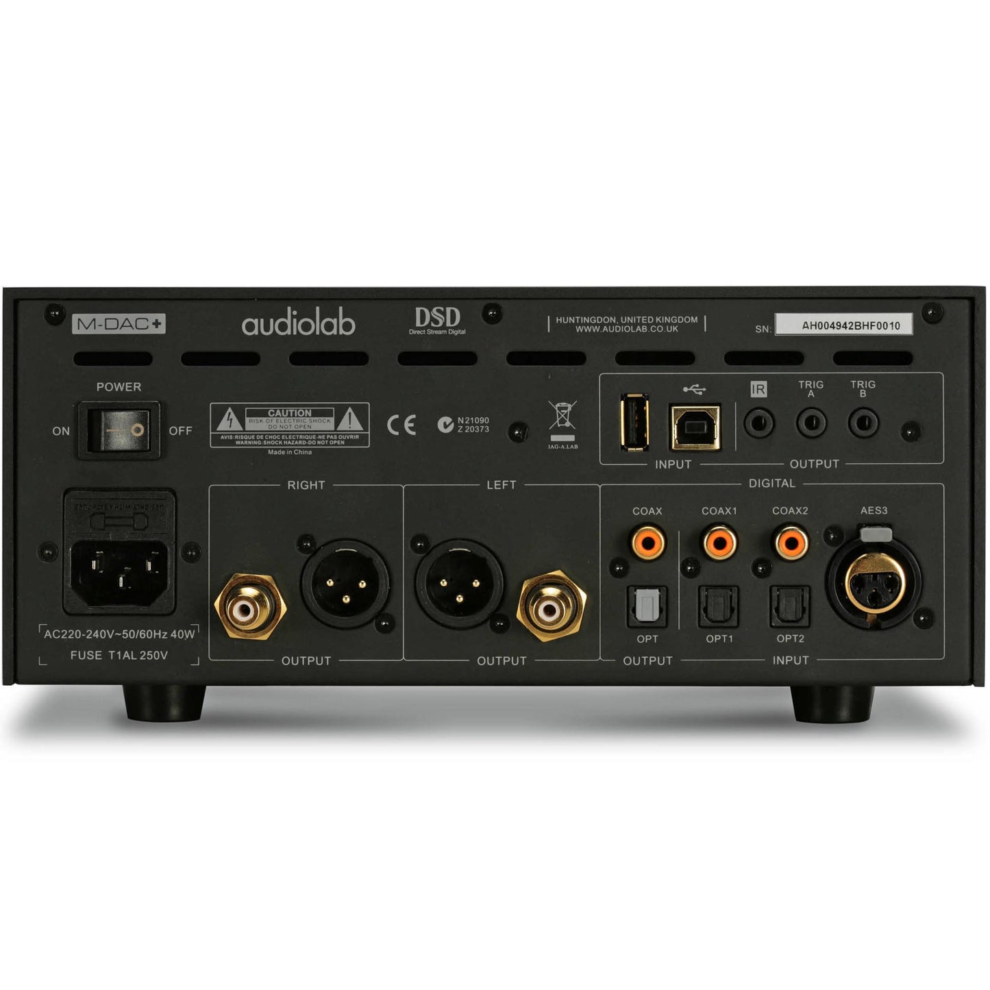 Back view of black Audiolab M-DAC+ DAC/Preamp