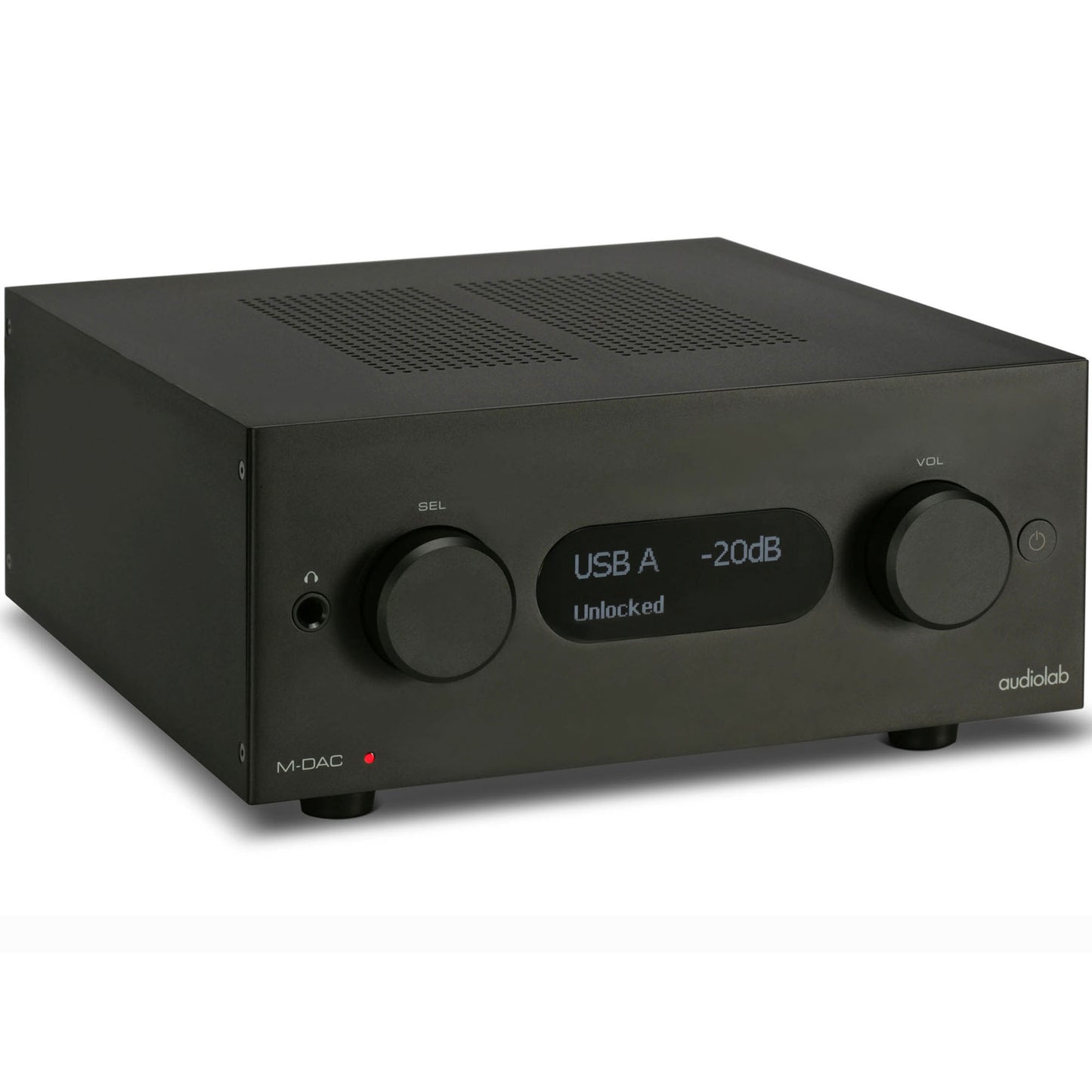 Top angle view of black Audiolab M-DAC+ DAC/Preamp