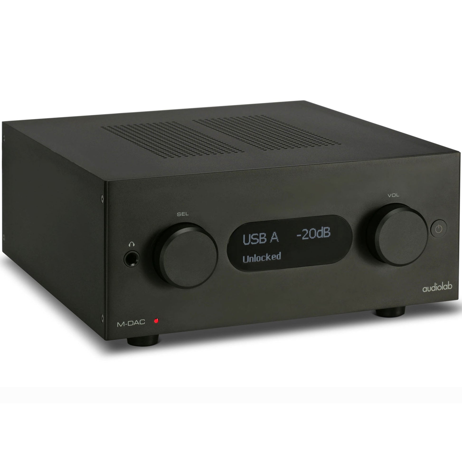 Top angle view of black Audiolab M-DAC+ DAC/Preamp