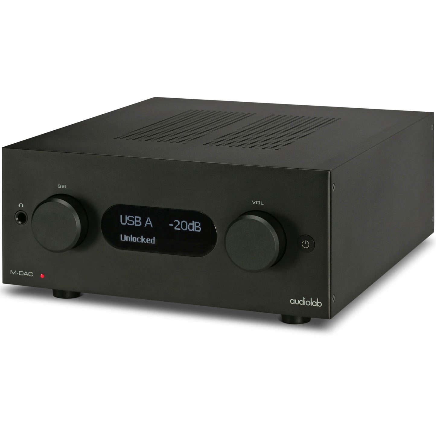 Front angle of black Audiolab M-DAC+ DAC/Preamp with display shown