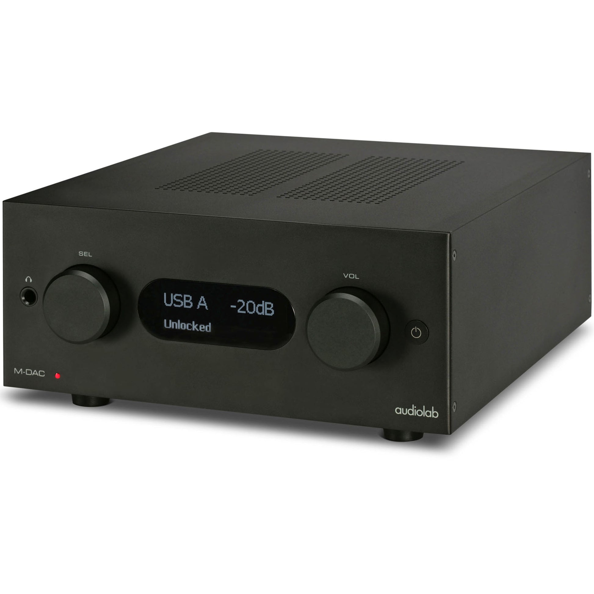 Front angle of black Audiolab M-DAC+ DAC/Preamp with display shown