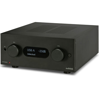 Front angle of black Audiolab M-DAC+ DAC/Preamp with display shown