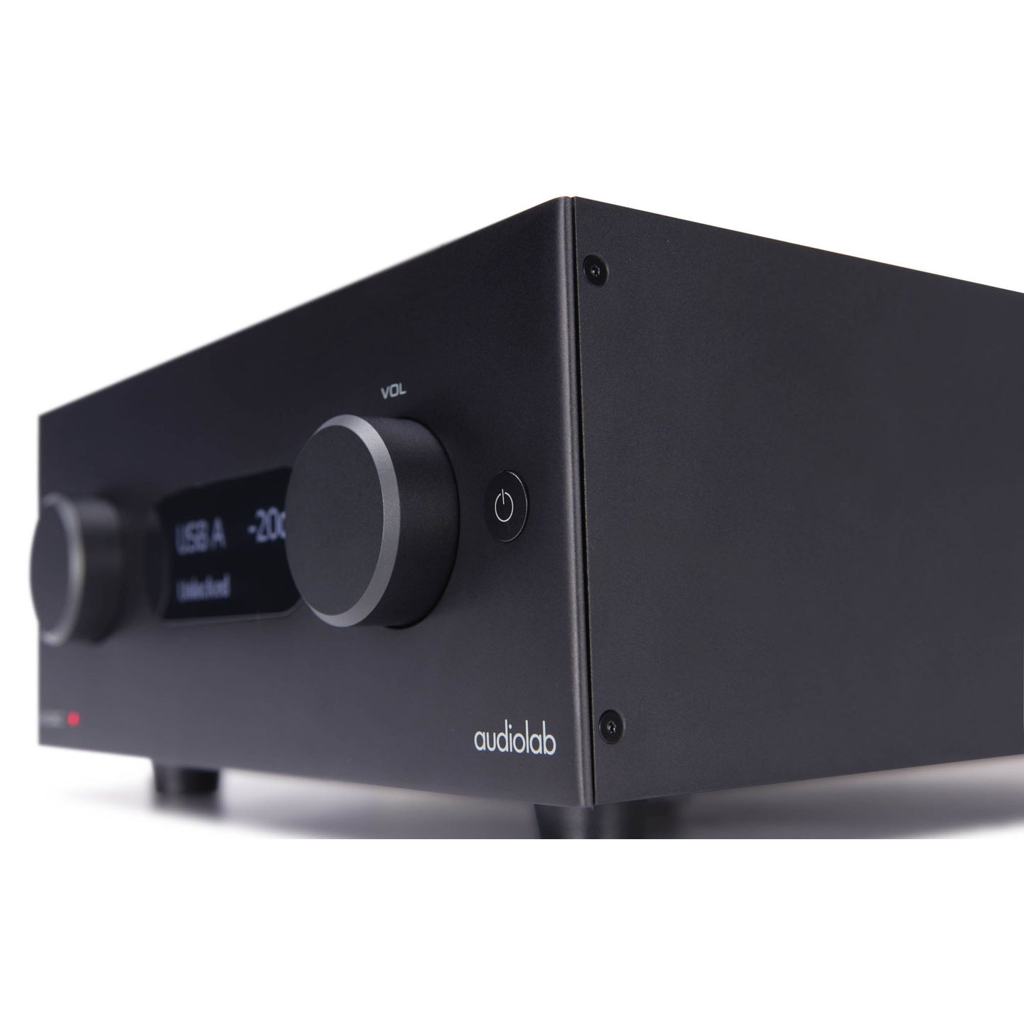 Front angle view of black Audiolab M-DAC+ DAC/Preamp
