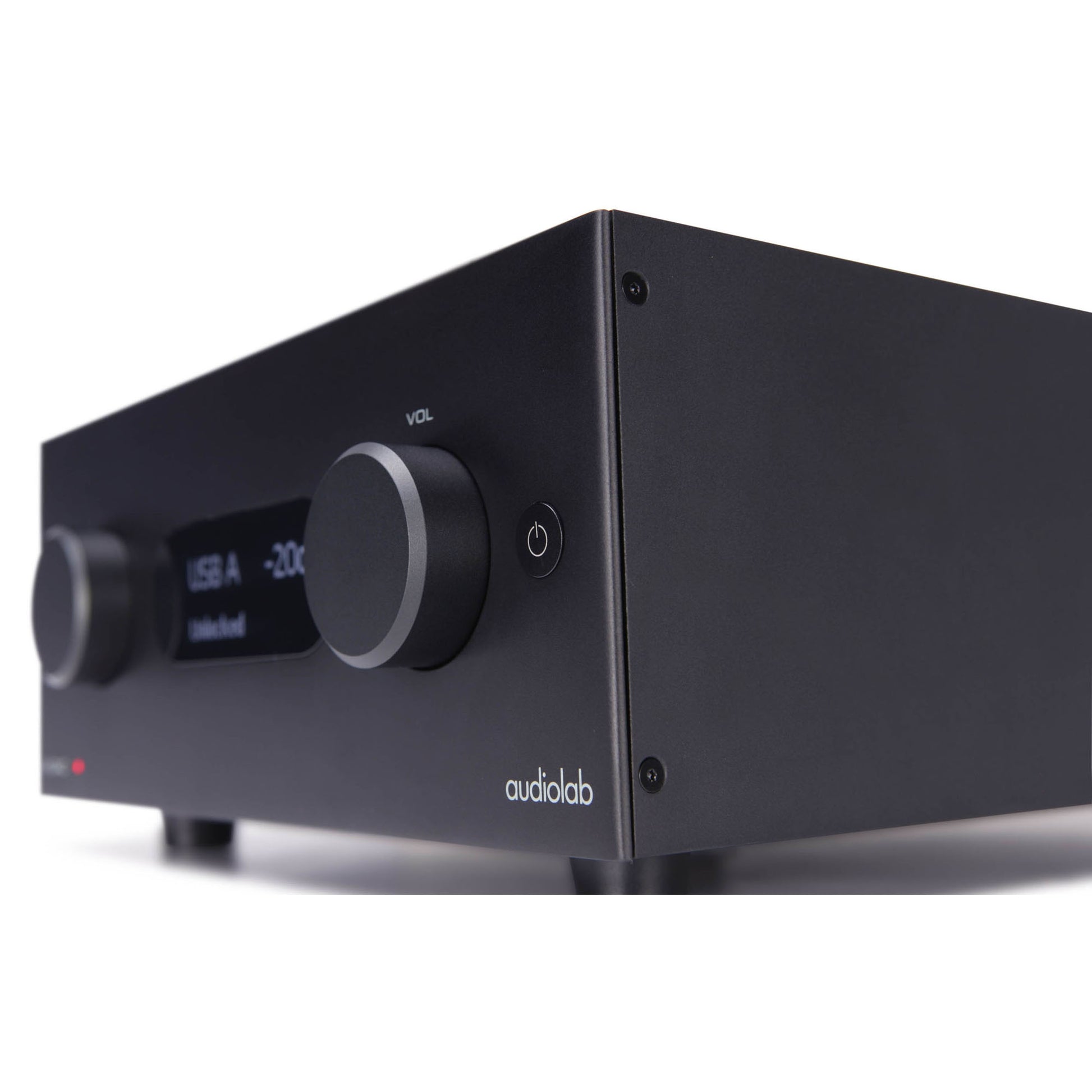 Front angle view of black Audiolab M-DAC+ DAC/Preamp