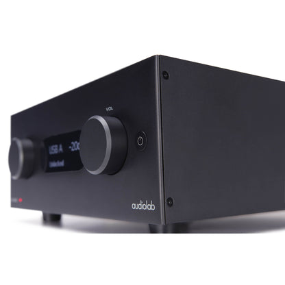 Front angle view of black Audiolab M-DAC+ DAC/Preamp