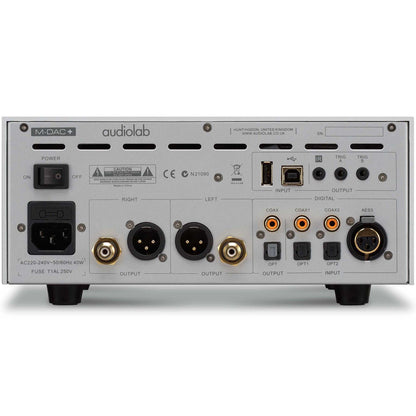 Back panel of a Audiolab M-DAC+ DAC/Preamp with various connectors and labels.
