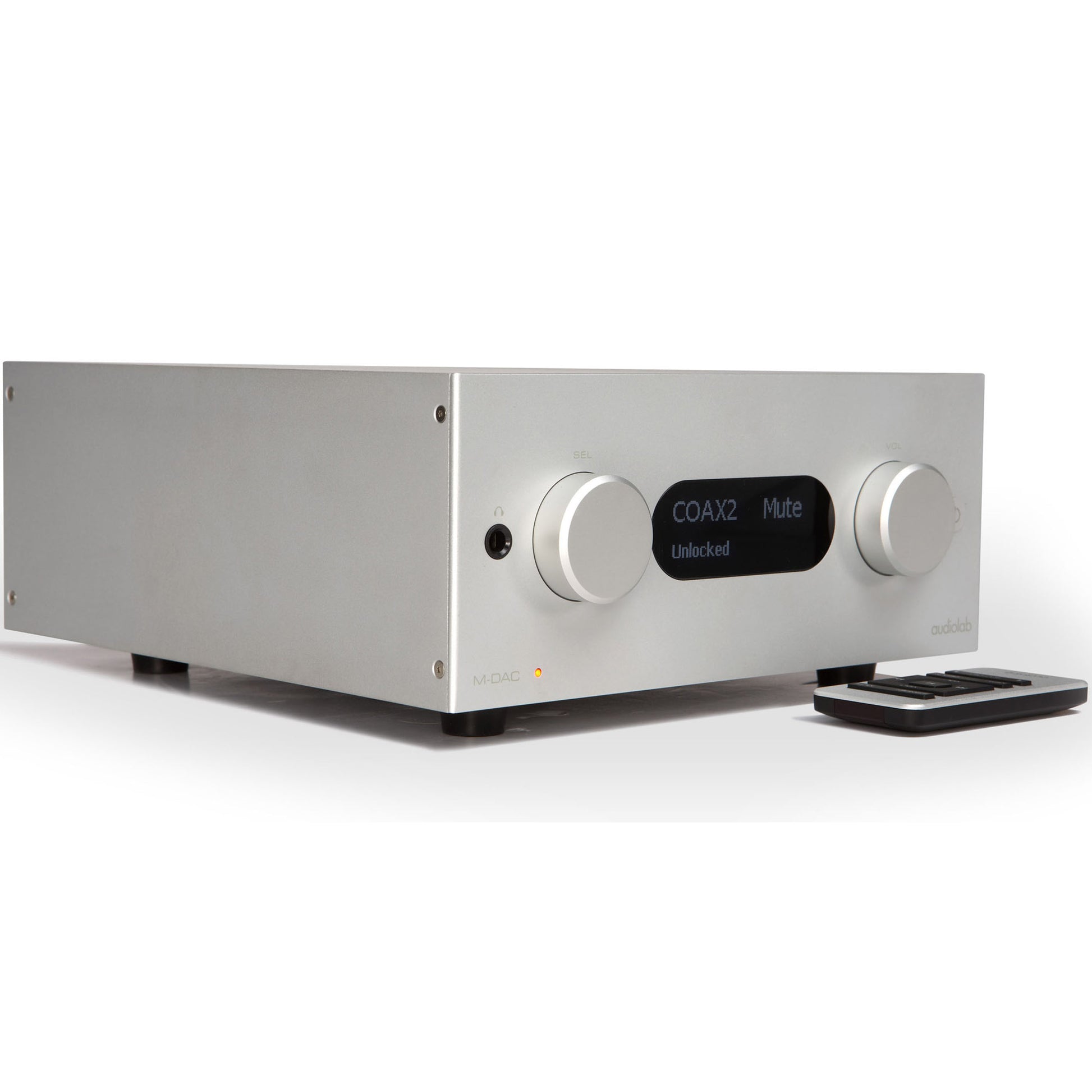 Angle view of silver Audiolab M-DAC+ DAC/Preamp