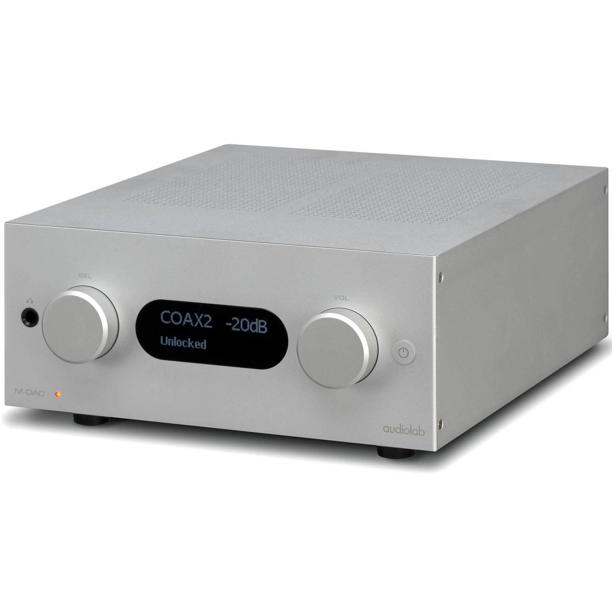 Top angle view of silver Audiolab M-DAC+ DAC/Preamp
