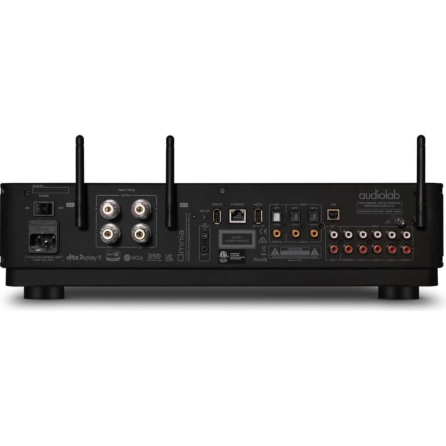Back view of black Audiolab Omnia Stereo Amplifier With Built-In CD Player