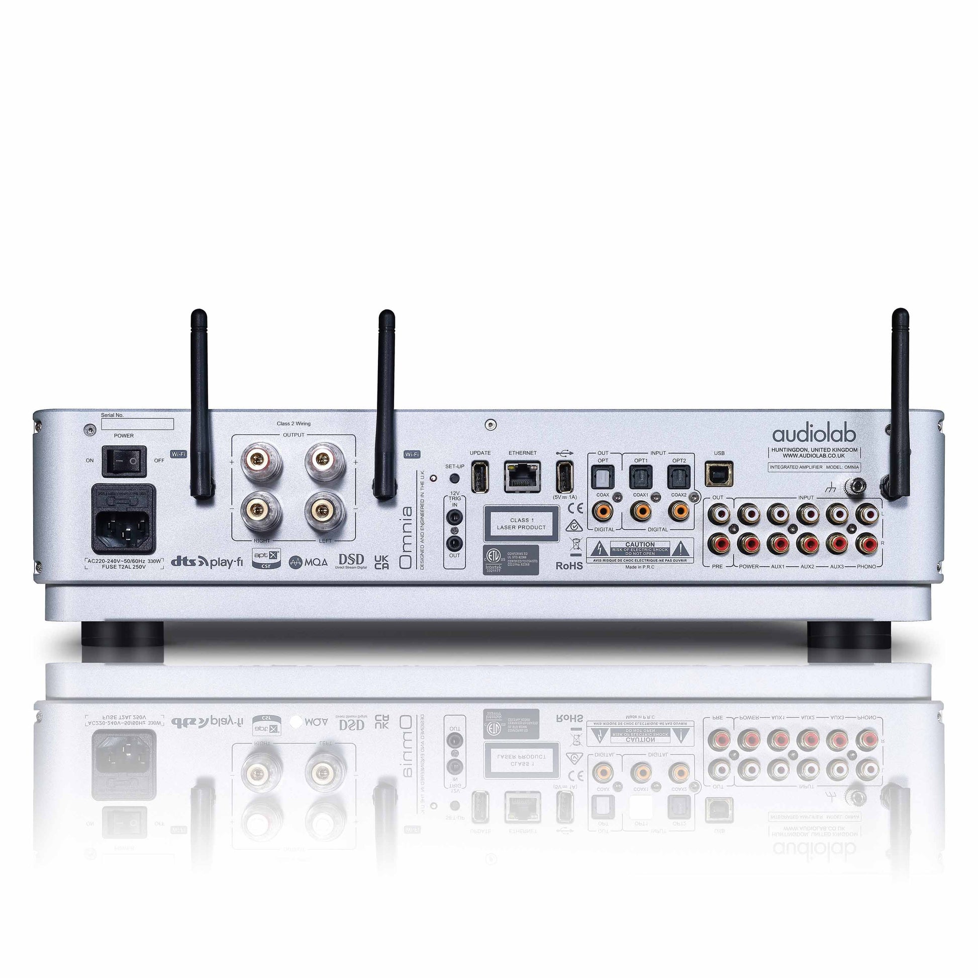 Back view of silver Audiolab Omnia Stereo Amplifier With Built-In CD Player with Audiolab branding on a white background
