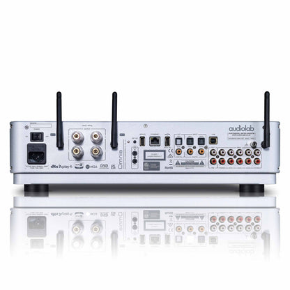 Back view of silver Audiolab Omnia Stereo Amplifier With Built-In CD Player with Audiolab branding on a white background