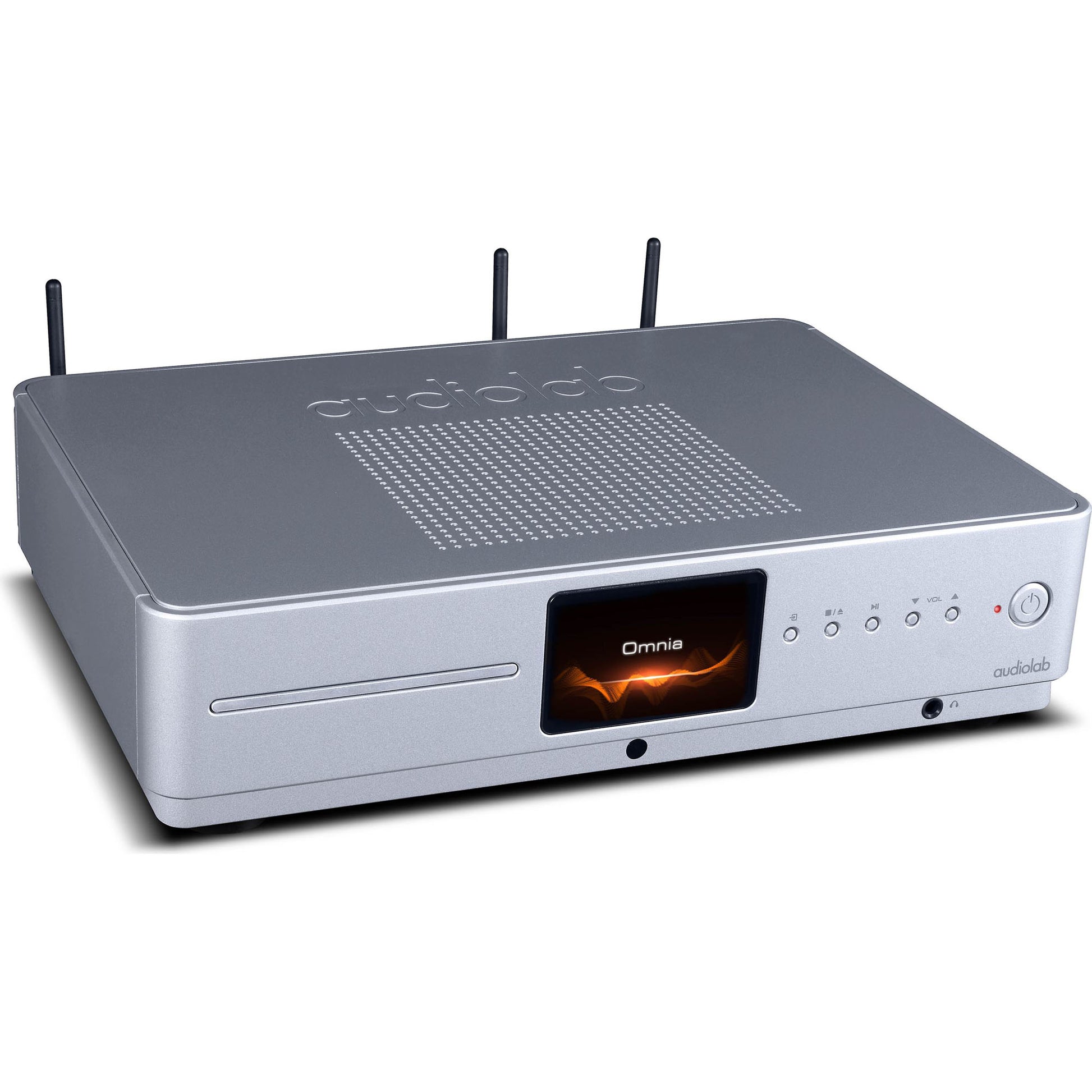 Front angle view of silver Audiolab Omnia Stereo Amplifier With Built-In CD Player with antennas up