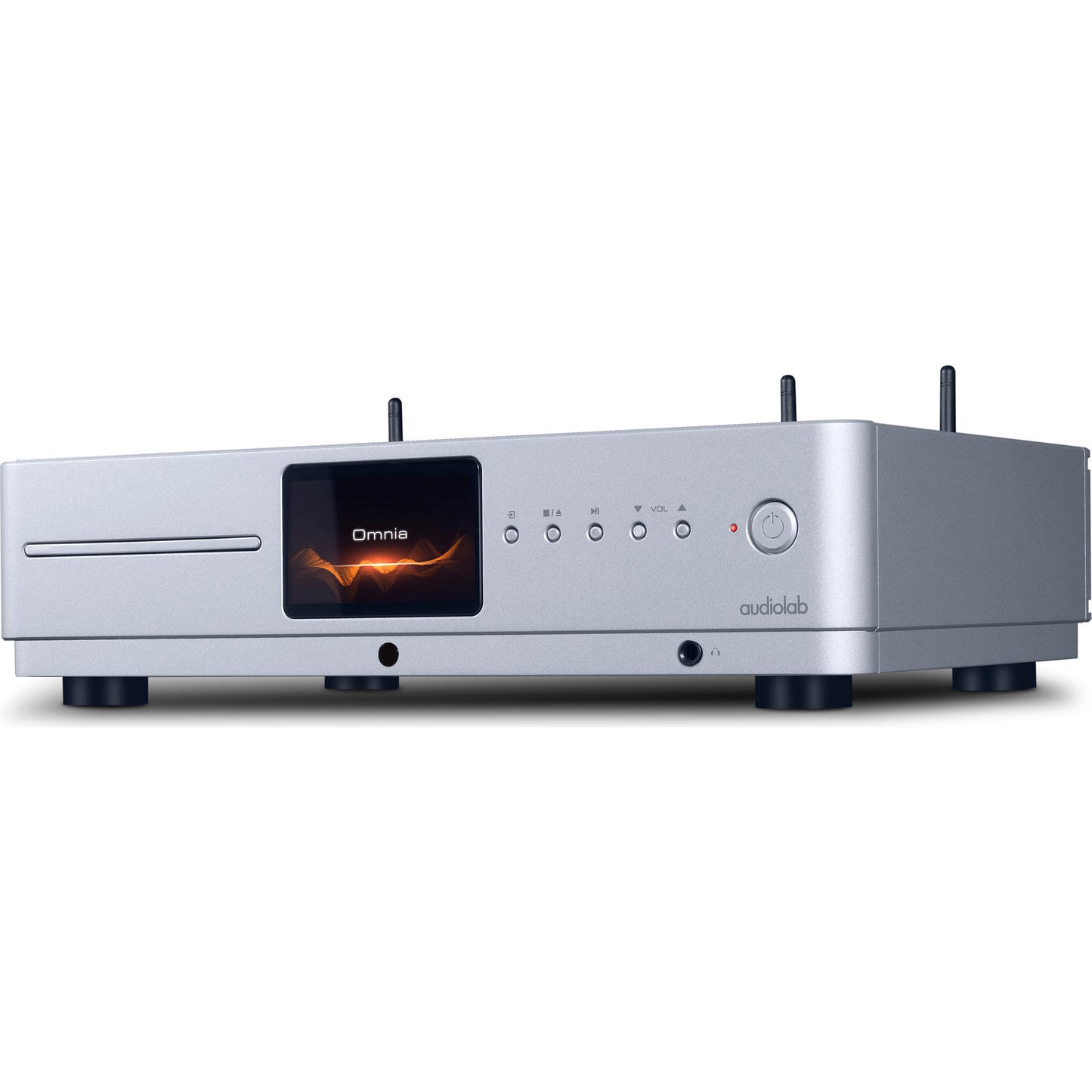 Front angle view of silver Audiolab Omnia Stereo Amplifier With Built-In CD Player