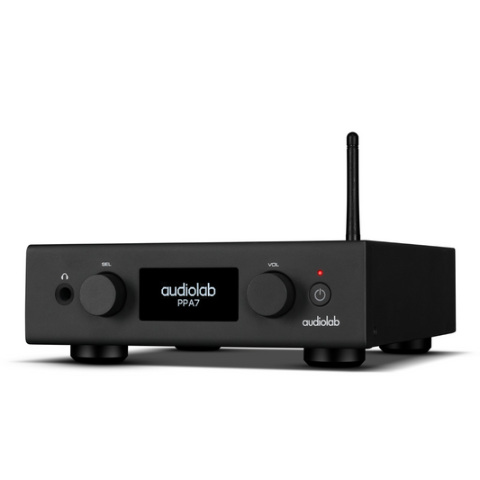 Angle view of black Audiolab PPA7 Phono Preamplifier