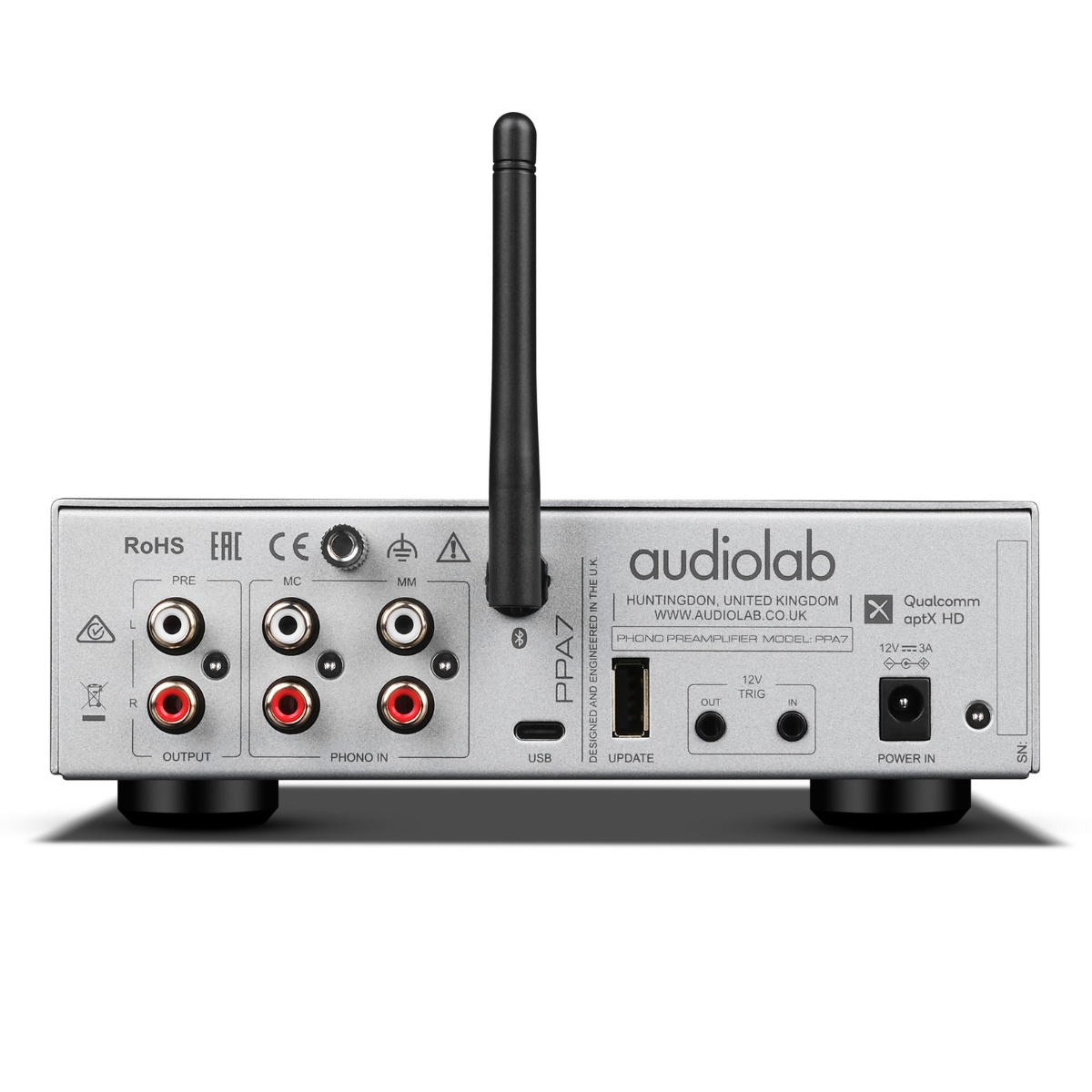 Back view of silver Audiolab PPA7 Phono Preamplifier