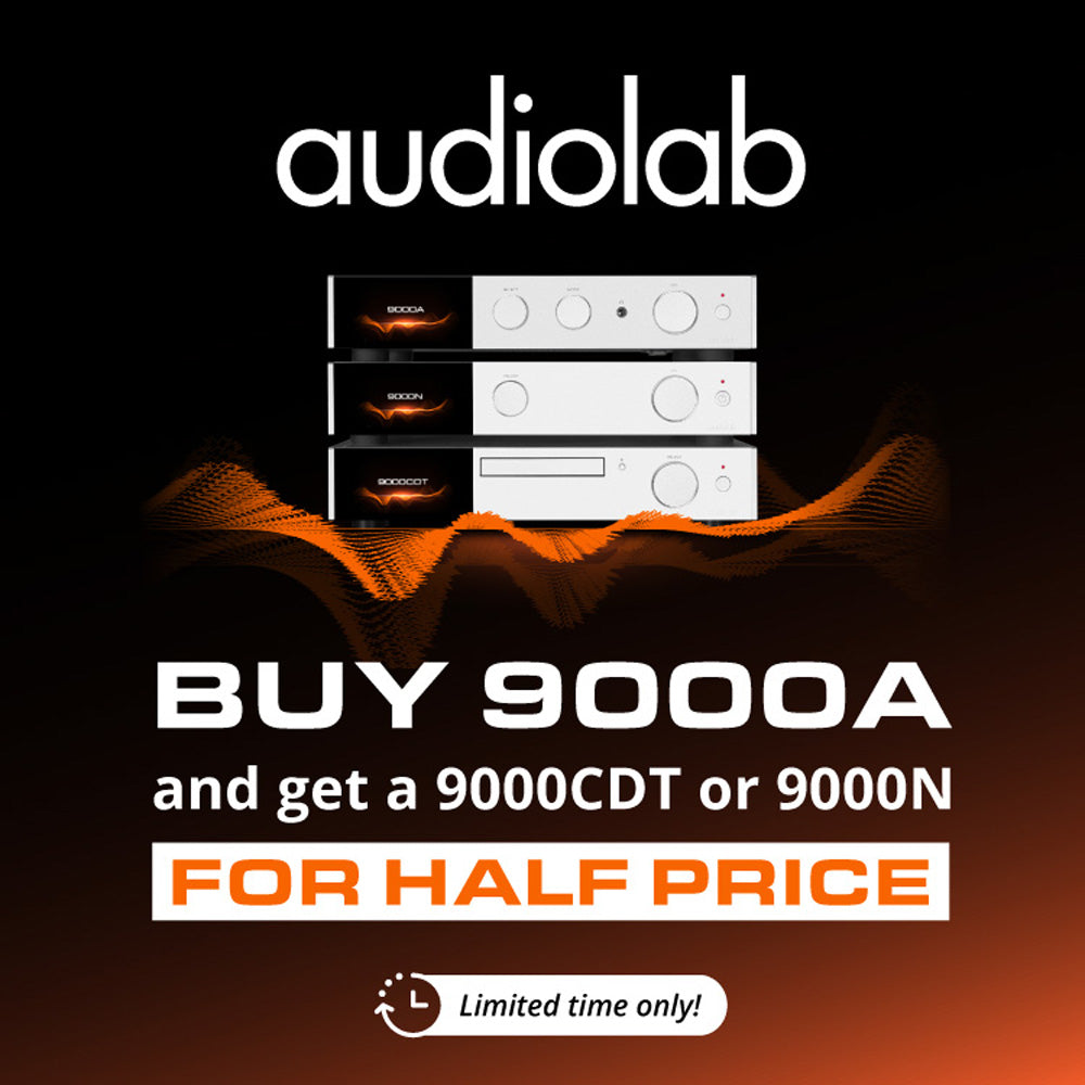 Audiolab advertisement with product display and promotional text on a dark background