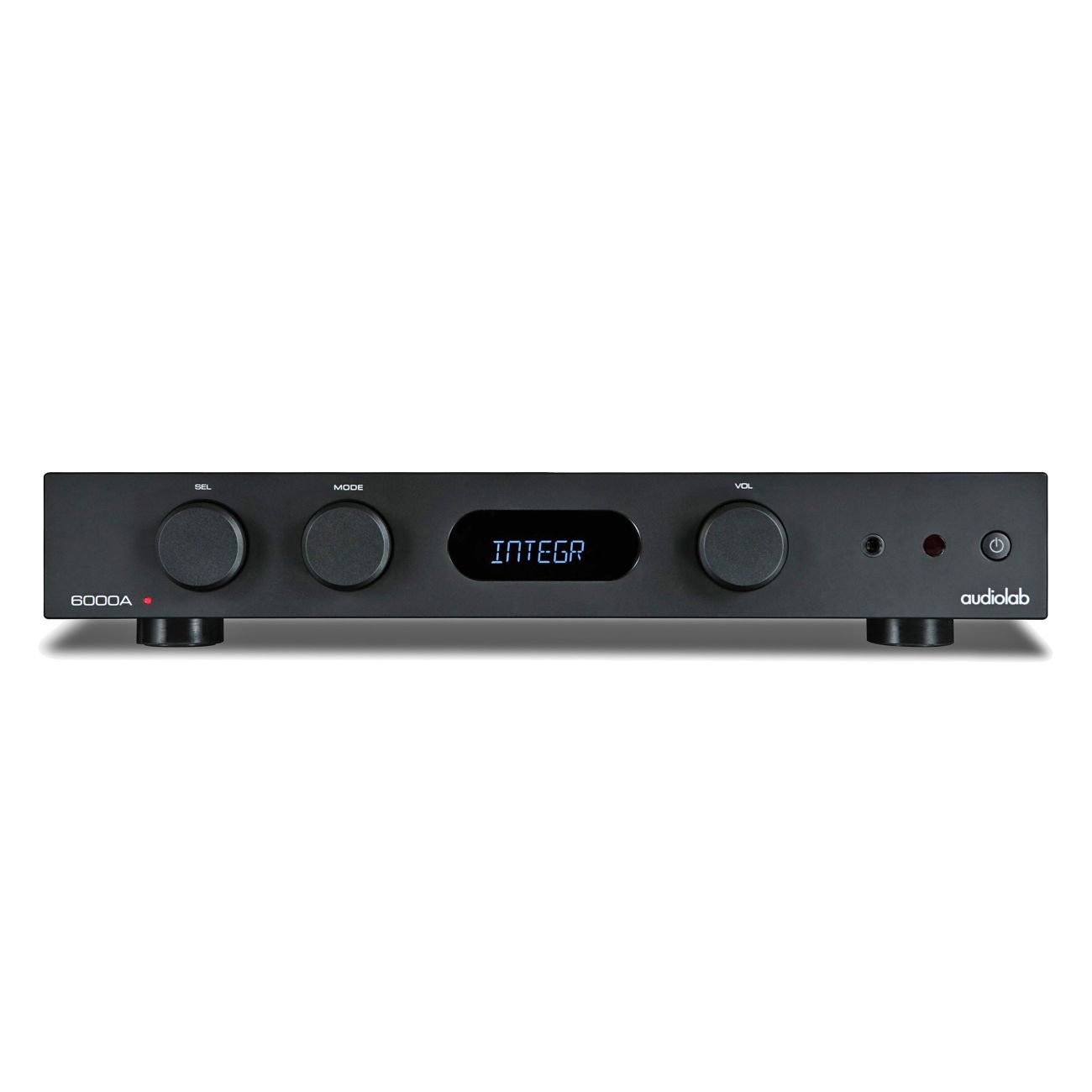 A black Audiolab 6000A Stereo Amplifier with control knobs and a digital display.
