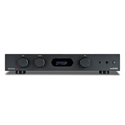 A black Audiolab 6000A Stereo Amplifier with control knobs and a digital display.