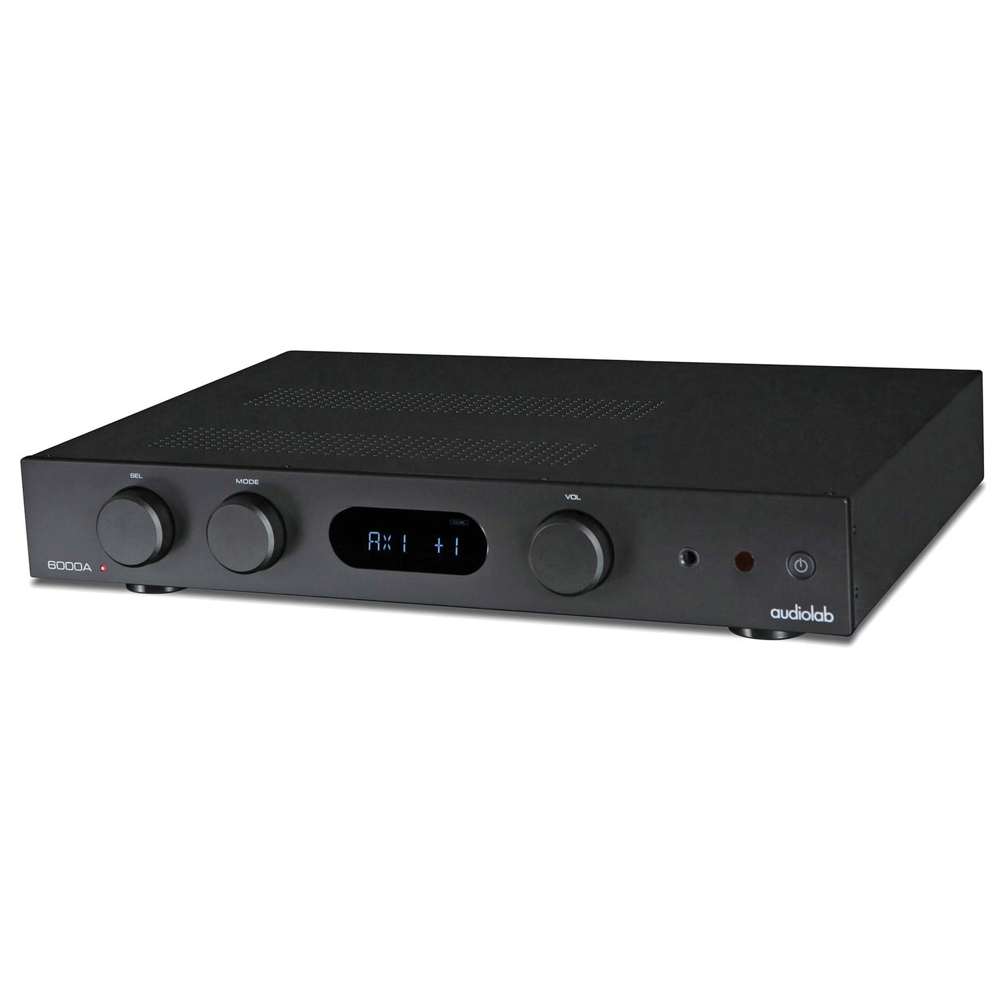 Top angle of black Audiolab 6000A Stereo Amplifier