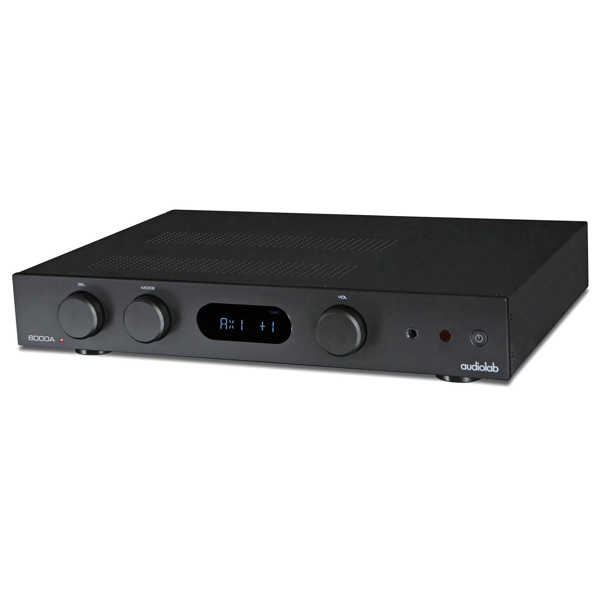 Top angle of black Audiolab 6000A Stereo Amplifier