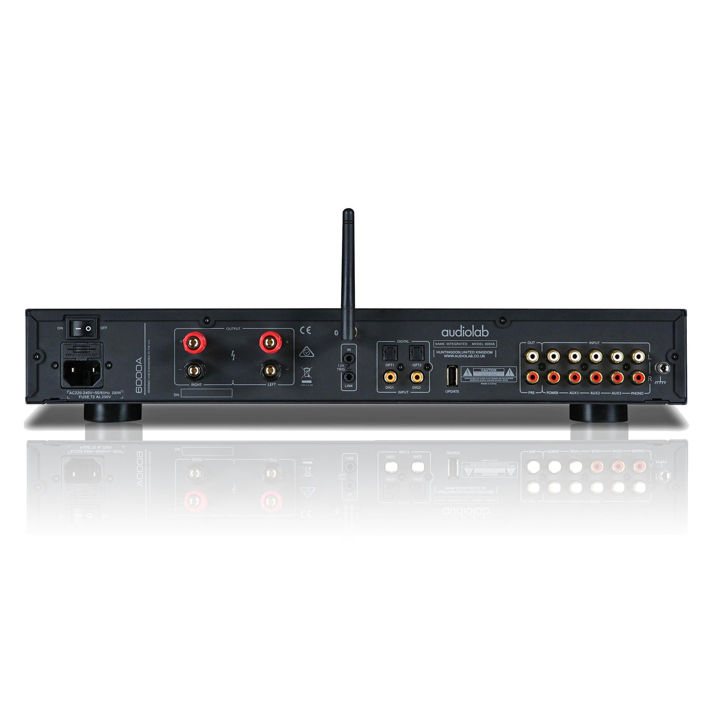 Back view of black Audiolab 6000A Stereo Amplifier