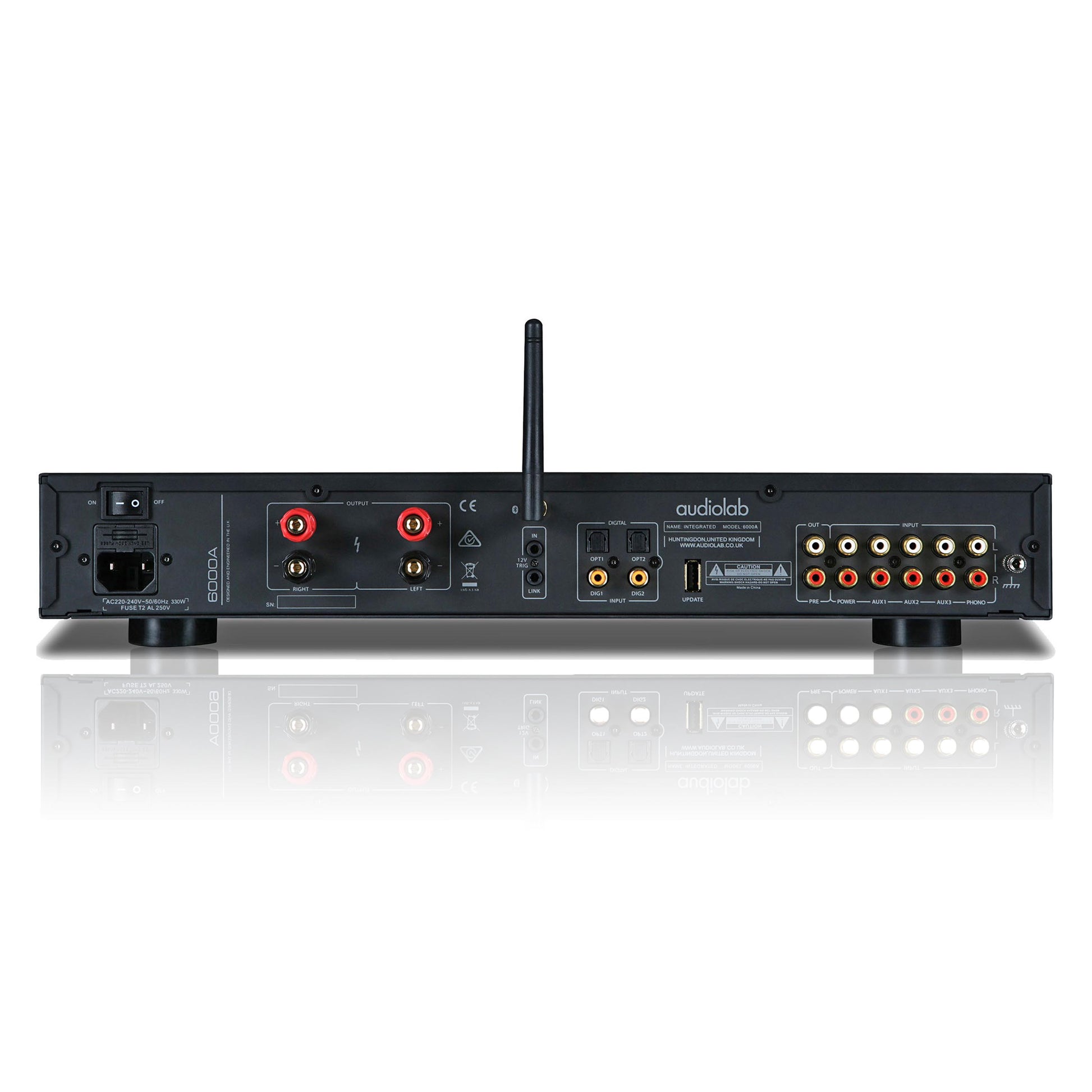 Back view of black Audiolab 6000A Stereo Amplifier