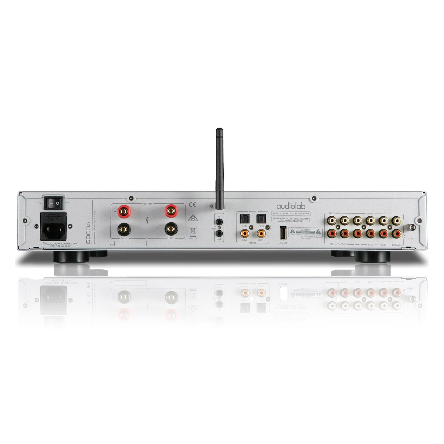 Back view of silver Audiolab 6000A Stereo Amplifier
