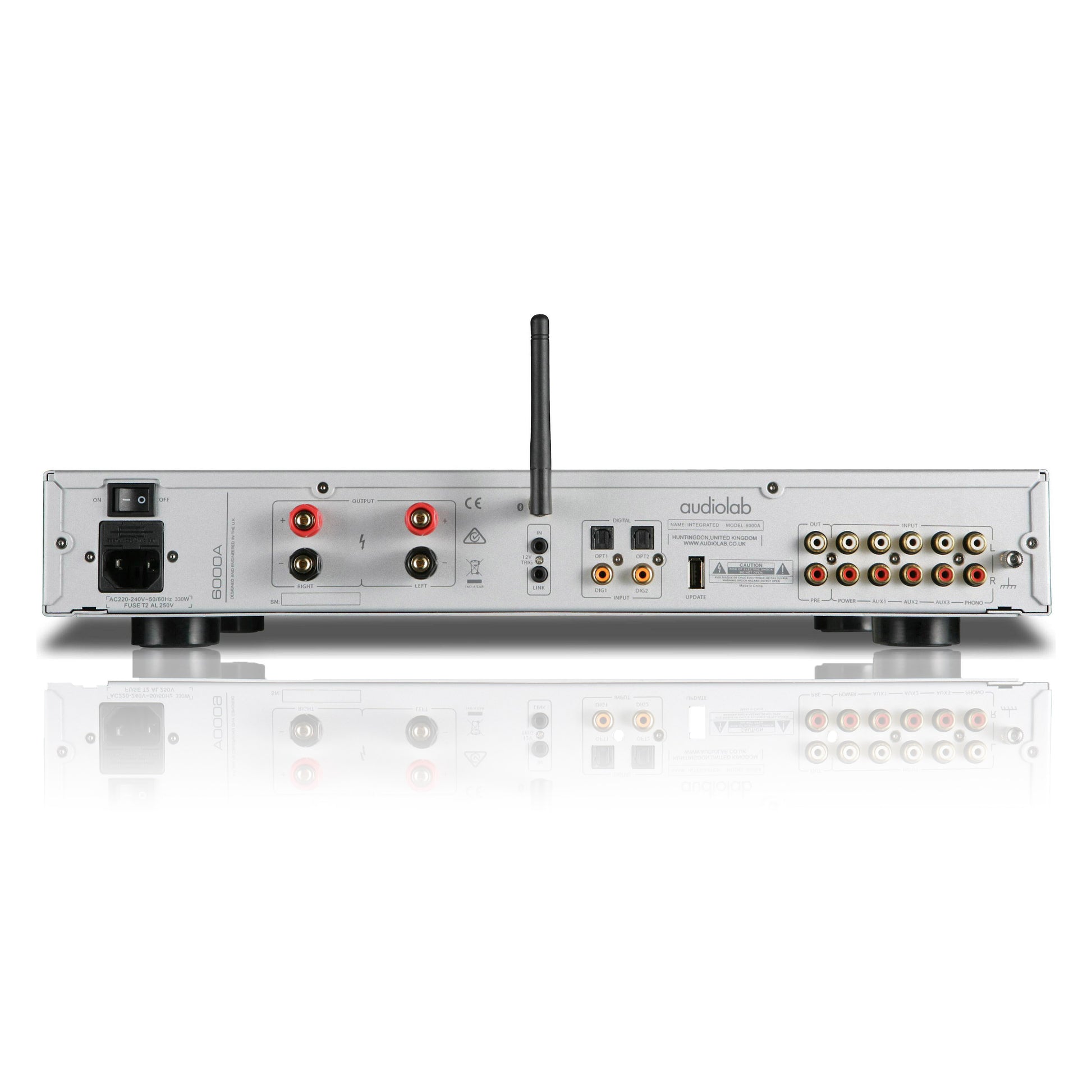 Back view of silver Audiolab 6000A Stereo Amplifier