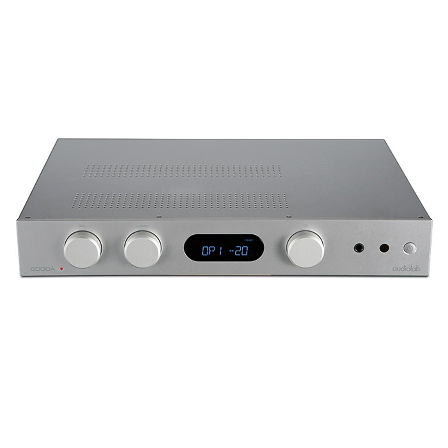 Top view of silver Audiolab 6000A Stereo Amplifier on white background