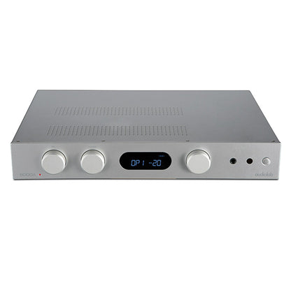 Top view of silver Audiolab 6000A Stereo Amplifier on white background