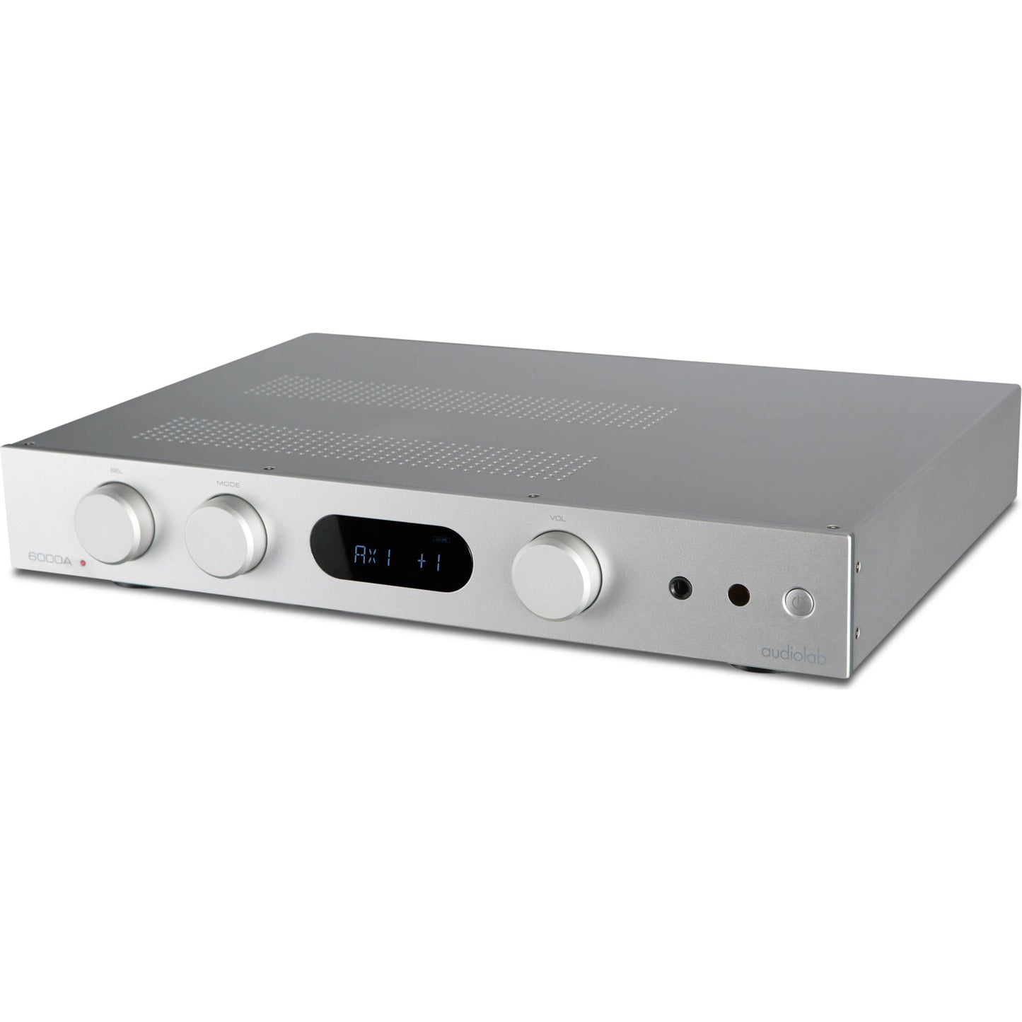 Top angle view of silver Audiolab 6000A Stereo Amplifier