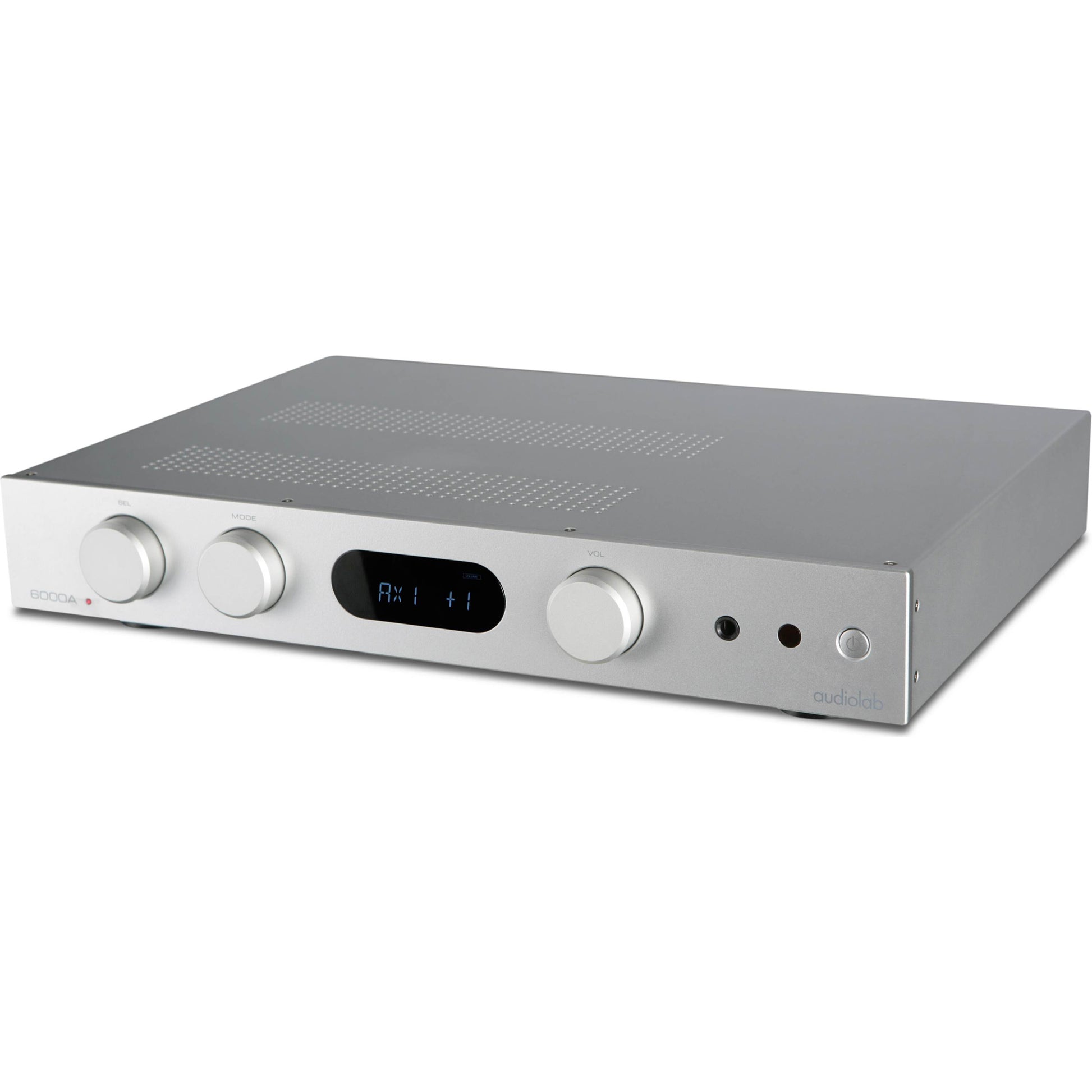 Top angle view of silver Audiolab 6000A Stereo Amplifier