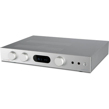 Top angle view of silver Audiolab 6000A Stereo Amplifier