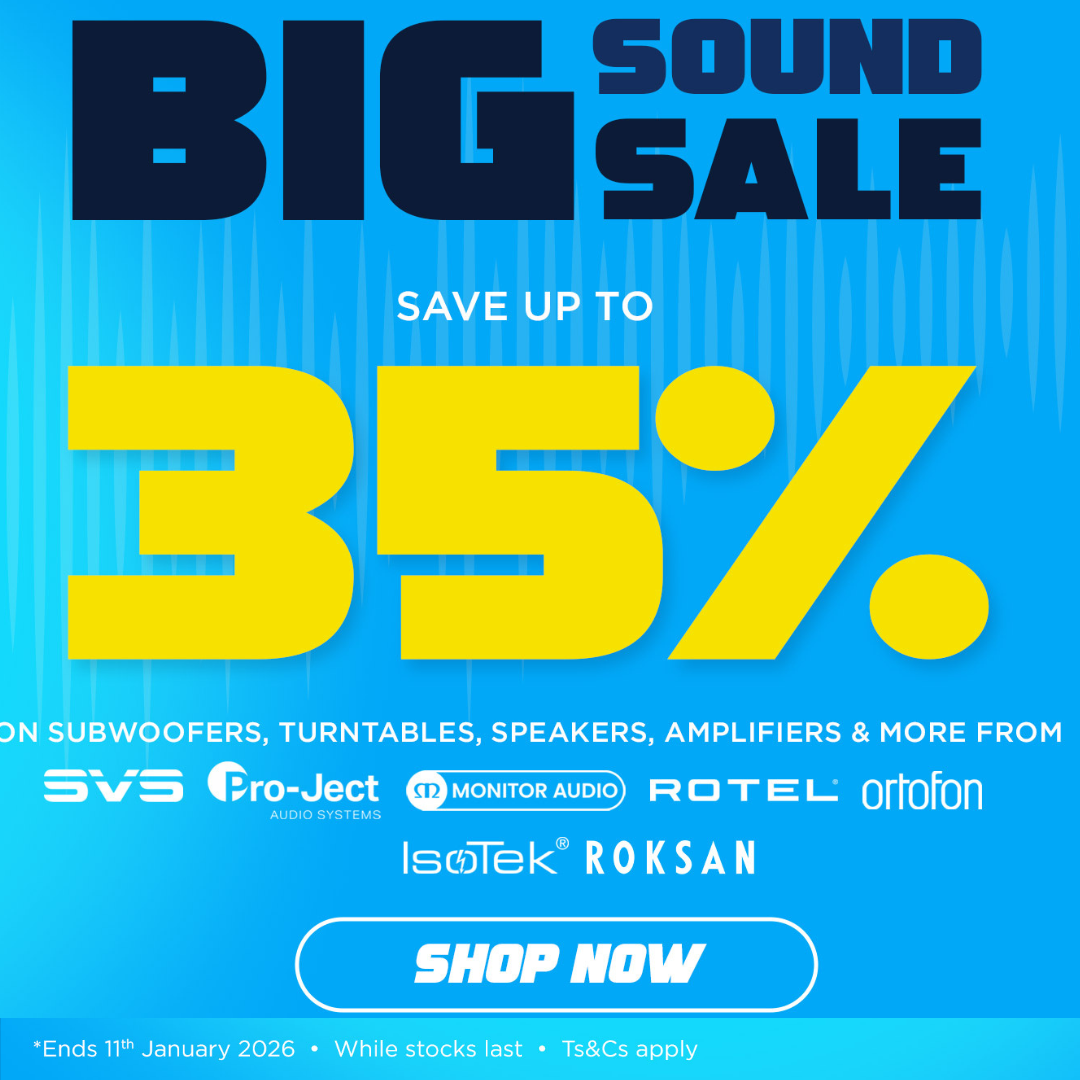 Promotional graphic for a big sound sale with savings on audio equipment from various brands.