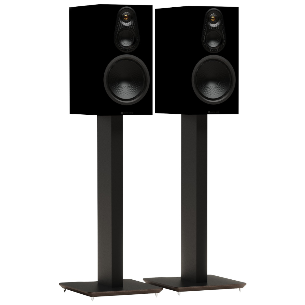 A pair of black bookshelf speakers on matching black floor stands, shown against a solid white background.