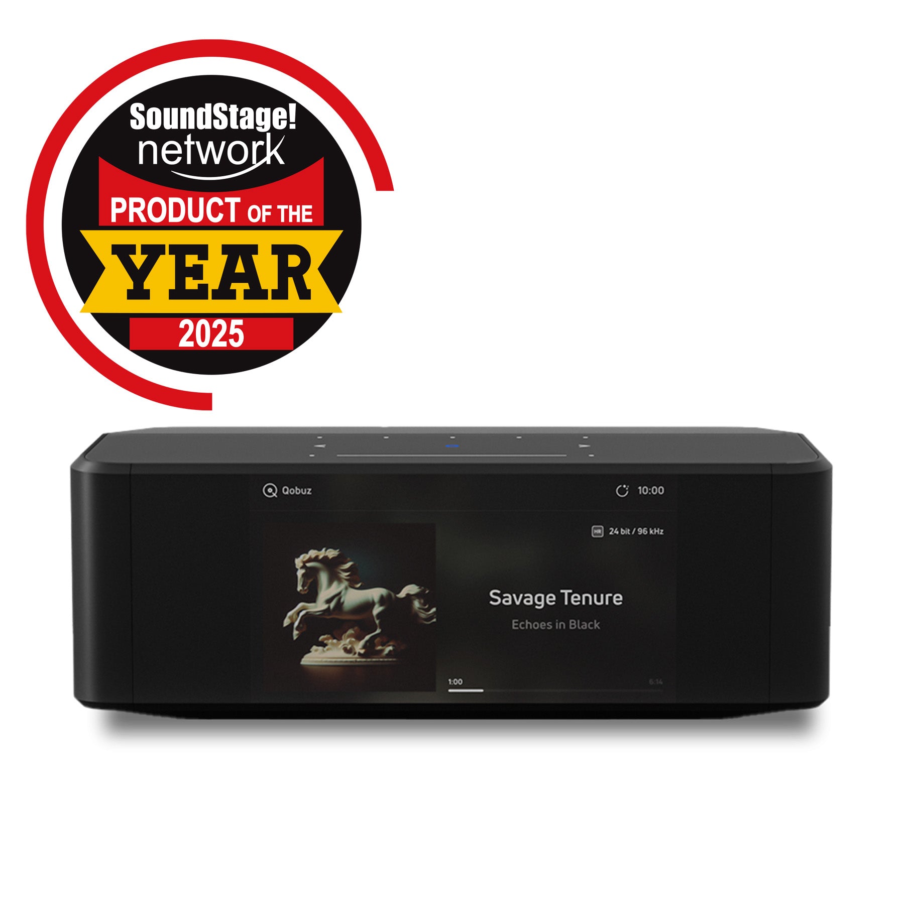Black Bluesound Node Icon with 'Product of the Year 2025' award from SoundStage! network on a white background