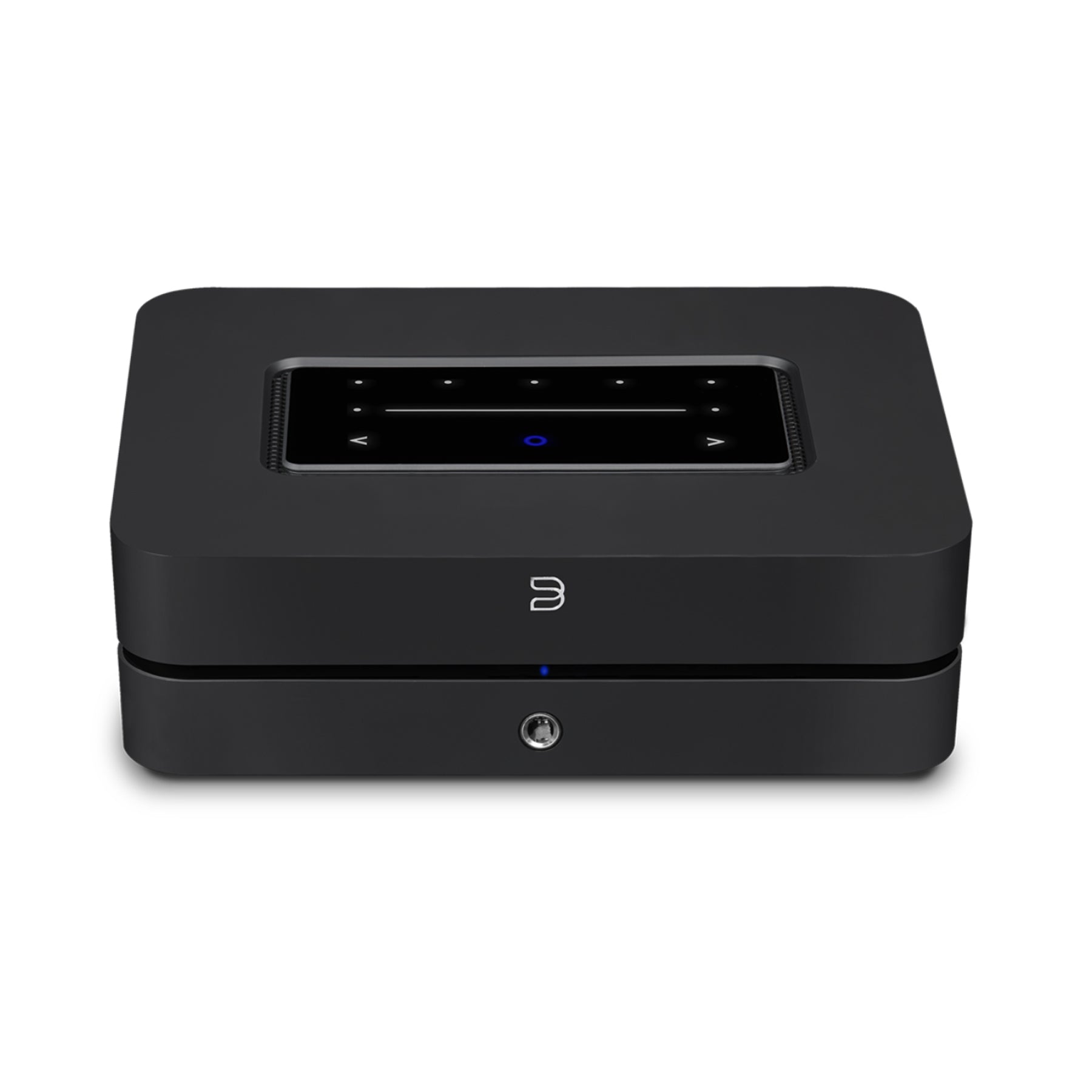 Black Bluesound Powernode Streaming Amplifier with display on a white background