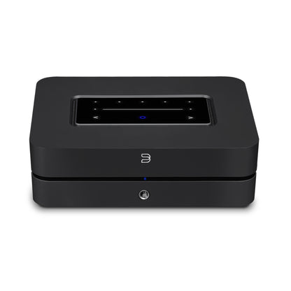 Black Bluesound Powernode Streaming Amplifier with display on a white background