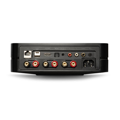 Back view of a Bluesound Powernode Streaming Amplifier with various ports on a white background
