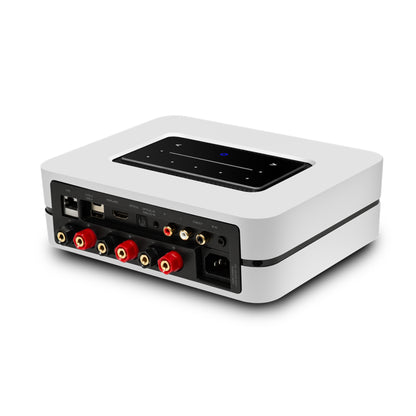 White Bluesound Powernode Streaming Amplifier with a screen and multiple ports on a white background