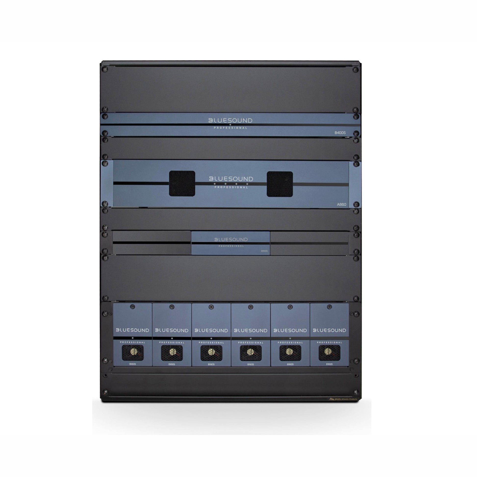 Bluesound Professional B100S Music Streamer on rack (sold separately)
